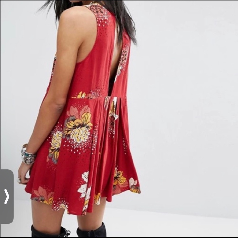 FREE PEOPLE Women's Red Floral Lovely Day Tie Front Tunic Dress Top Small Boho